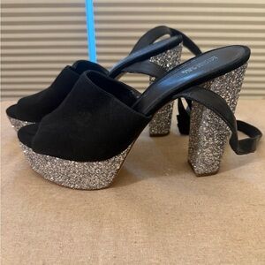 MICHAEL Michael Kors Striking Black Suede Platform Mules w/Silver Glitter Heels